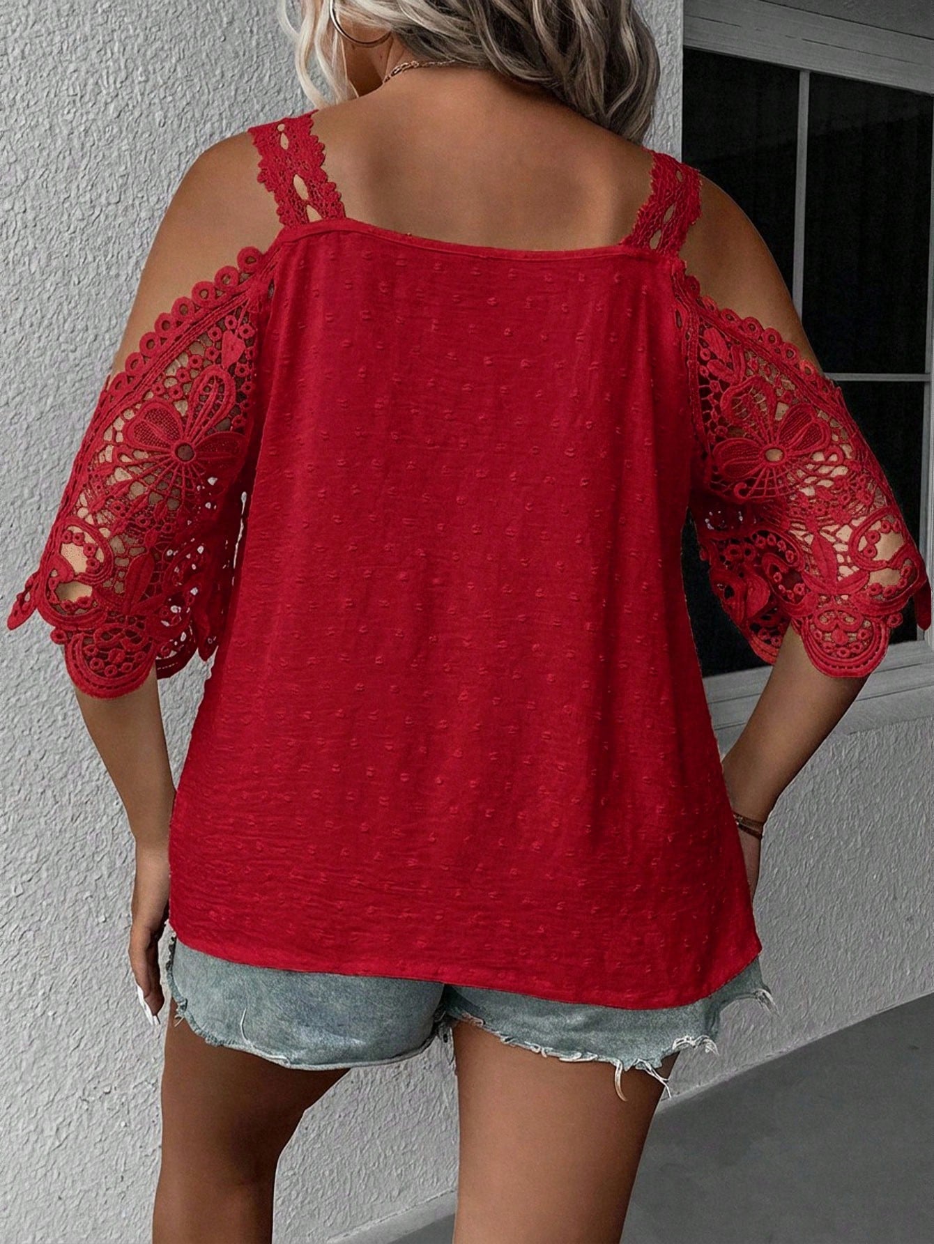 Clasi Plus Size Solid V-Neck Off-Shoulder Short Sleeve Lace Loose Blouse
