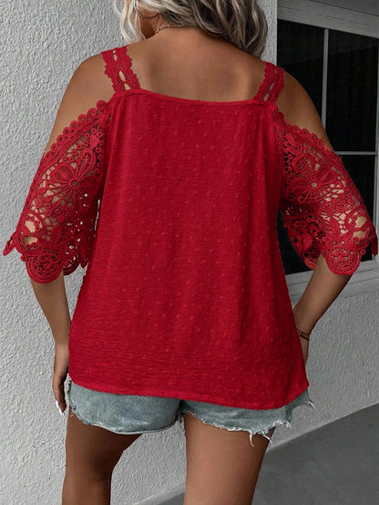 Clasi Plus Size Solid V-Neck Off-Shoulder Short Sleeve Lace Loose Blouse