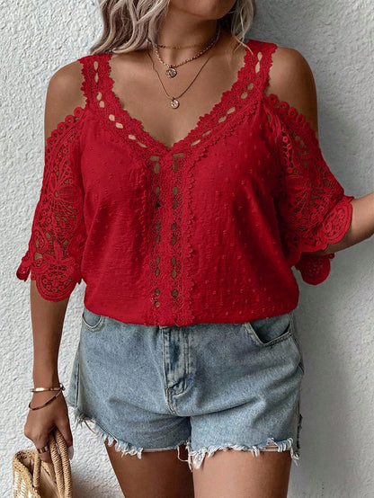 Clasi Plus Size Solid V-Neck Off-Shoulder Short Sleeve Lace Loose Blouse