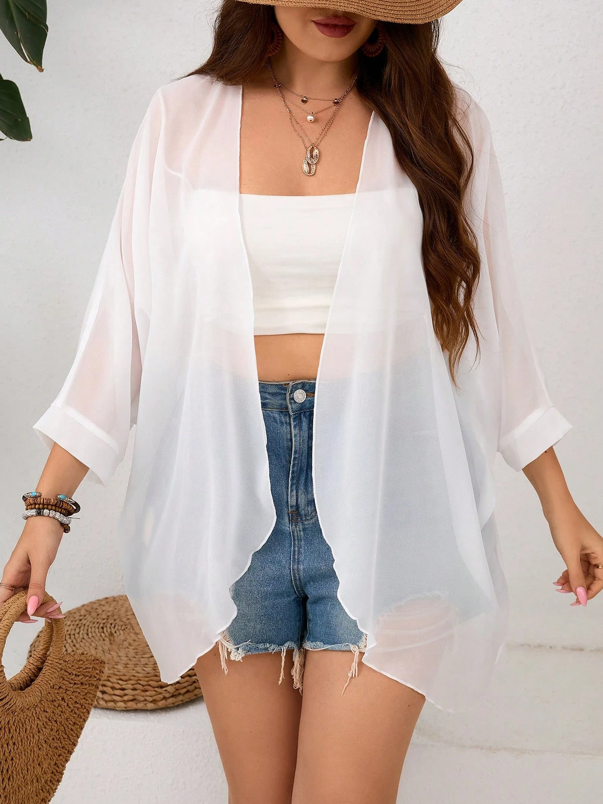 Clasi Plus Size Women Loose Open Front Batwing Sleeve Solid Color Coat For Summer