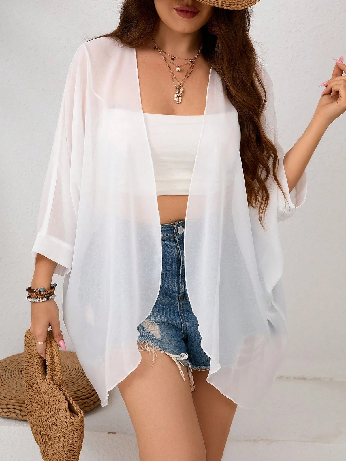 Clasi Plus Size Women Loose Open Front Batwing Sleeve Solid Color Coat For Summer