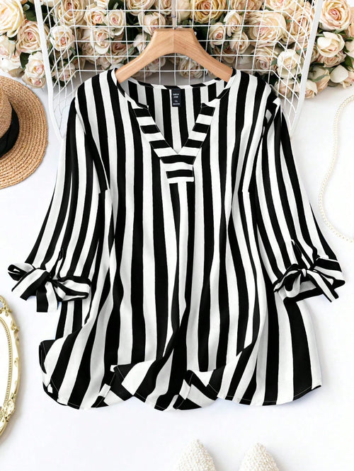 Clasi Plus Size Women Loose Striped Shirt With Notched V-Neckline, Tie Front And Short Sleeves For Spring And Summer Fall