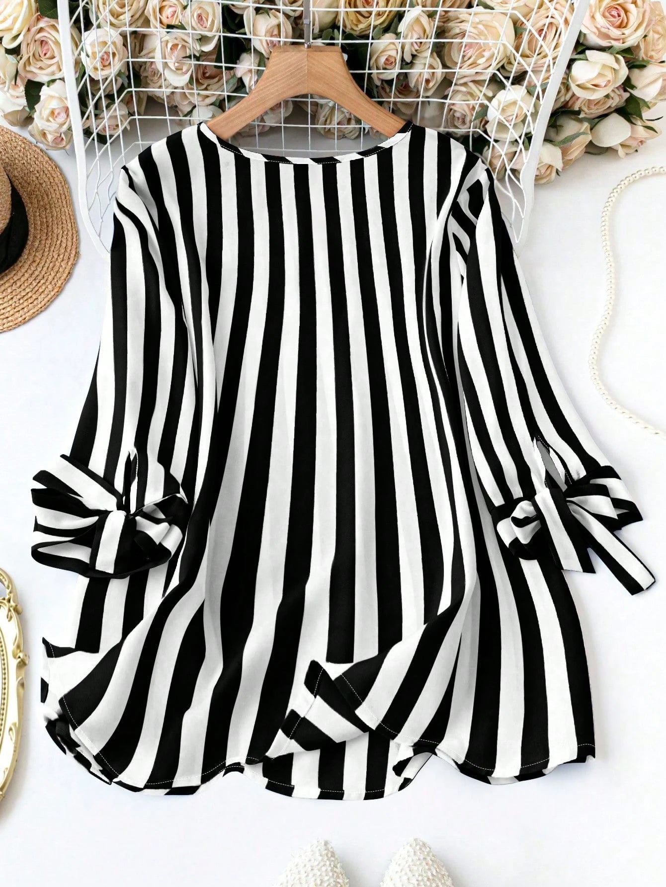 Clasi Plus Size Women Loose Striped Shirt With Notched V-Neckline, Tie Front And Short Sleeves For Spring And Summer Fall