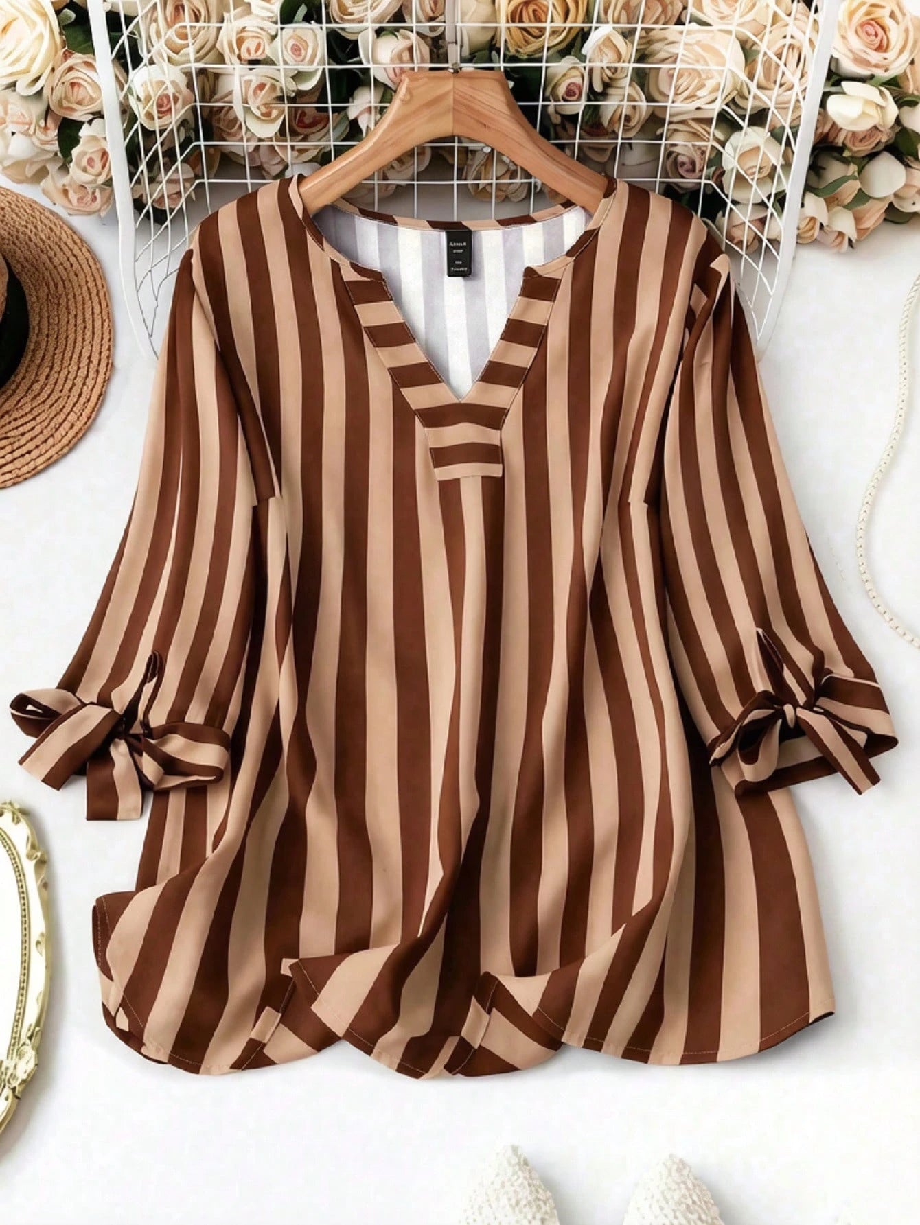 Clasi Plus Size Women Loose Striped Shirt With Notched V-Neckline, Tie Front And Short Sleeves For Spring And Summer Fall