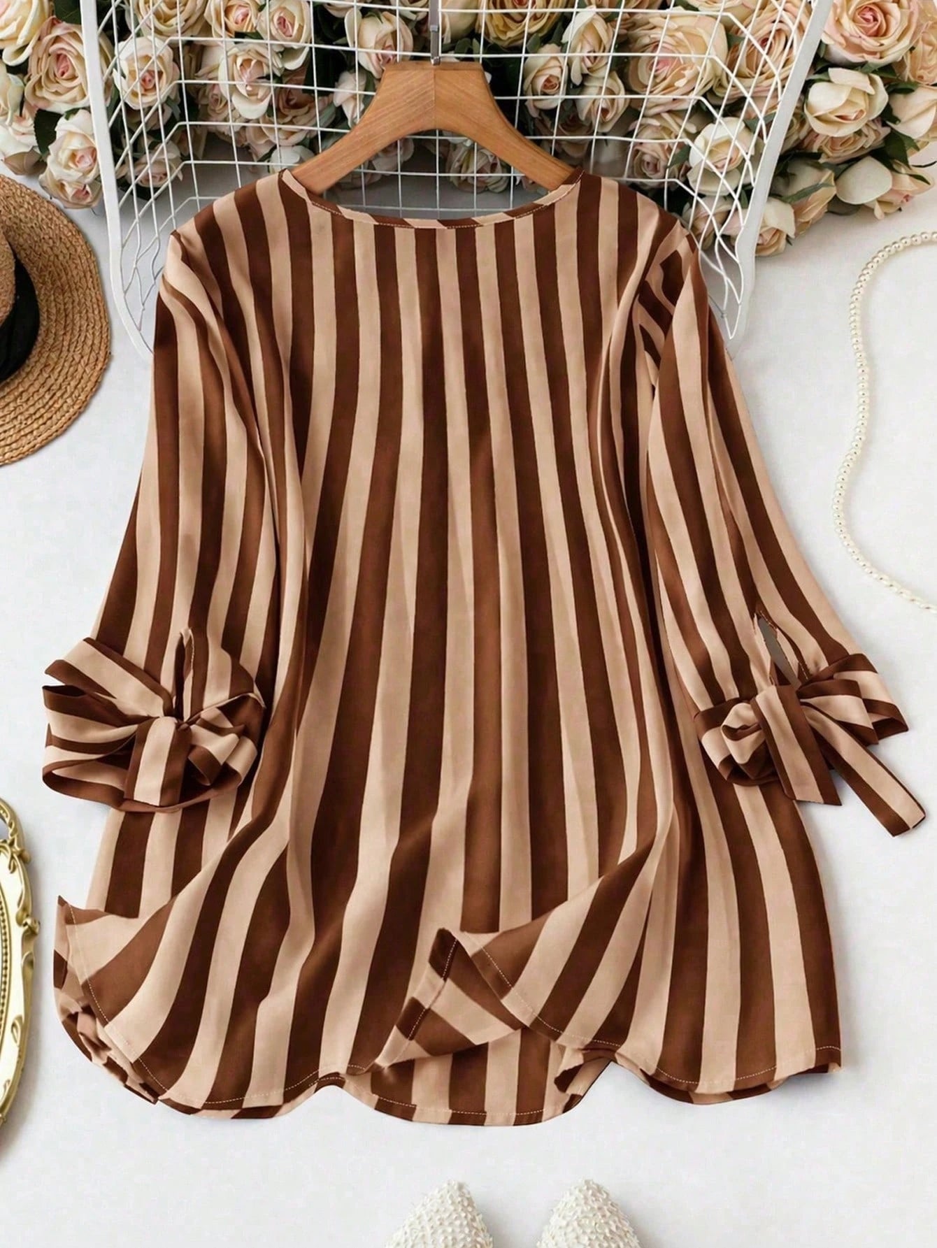 Clasi Plus Size Women Loose Striped Shirt With Notched V-Neckline, Tie Front And Short Sleeves For Spring And Summer Fall