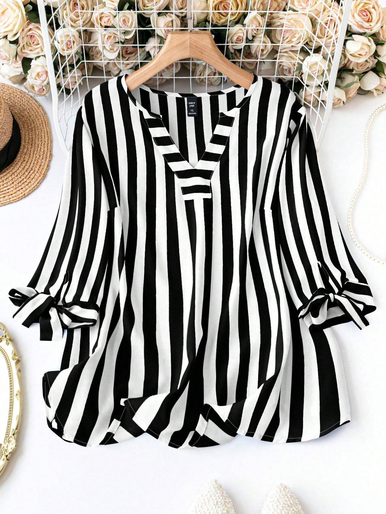 Clasi Plus Size Women Loose Striped Shirt With Notched V-Neckline, Tie Front And Short Sleeves For Spring And Summer Fall