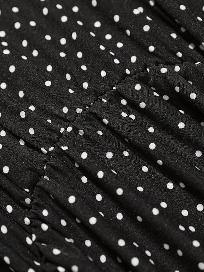 Clasi Women's Plus Size Short Sleeve Blouse, Black With White Polka Dot Print, Deep V-Neck, Ruffle Bow Waist, Slimming A-Line, Elegant And Versatile For Party, Afternoon Tea, Commute, Daily Wear