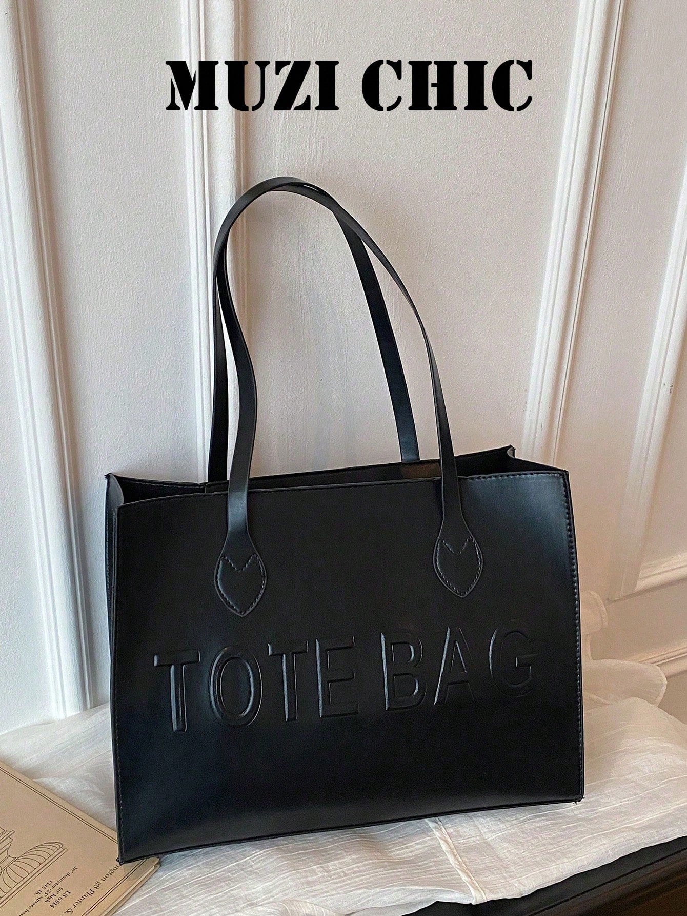 Classic Black PU Large Tote Bag, Embossed Letter Design Heart Stitched Handle Connectors Dual Office Daily Commute