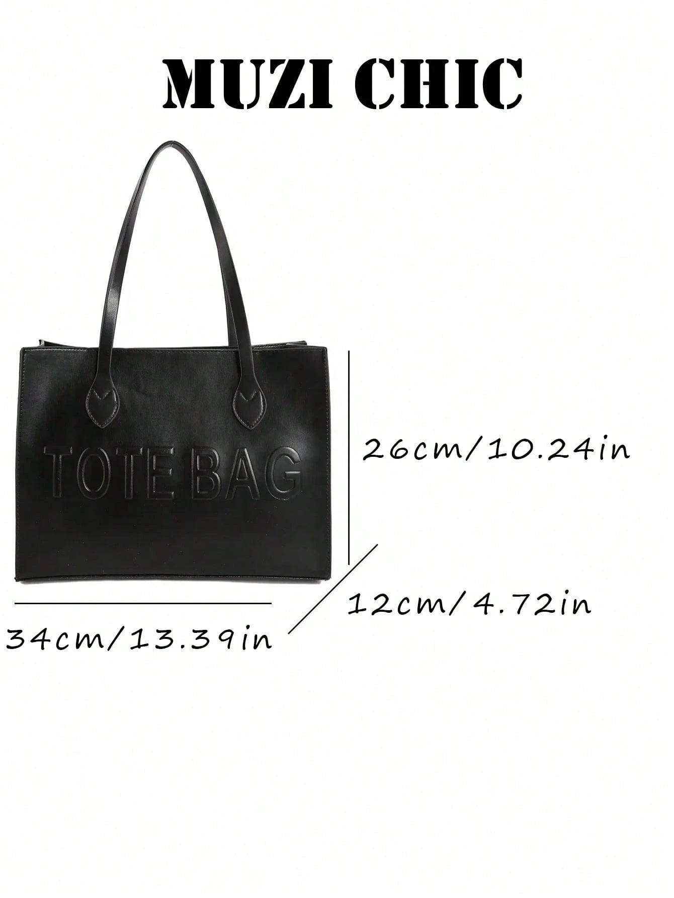 Classic Black PU Large Tote Bag, Embossed Letter Design Heart Stitched Handle Connectors Dual Office Daily Commute
