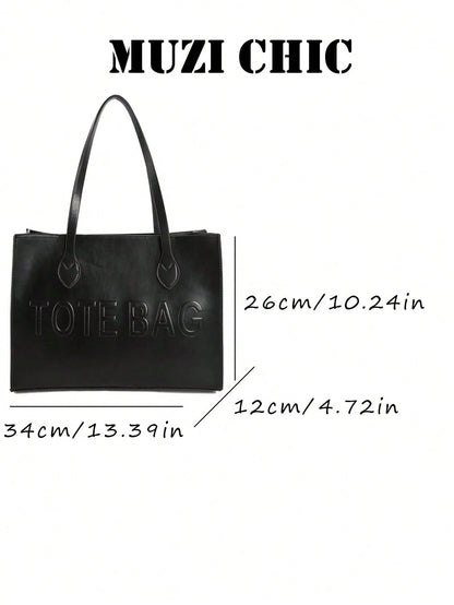 Classic Black PU Large Tote Bag, Embossed Letter Design Heart Stitched Handle Connectors Dual Office Daily Commute