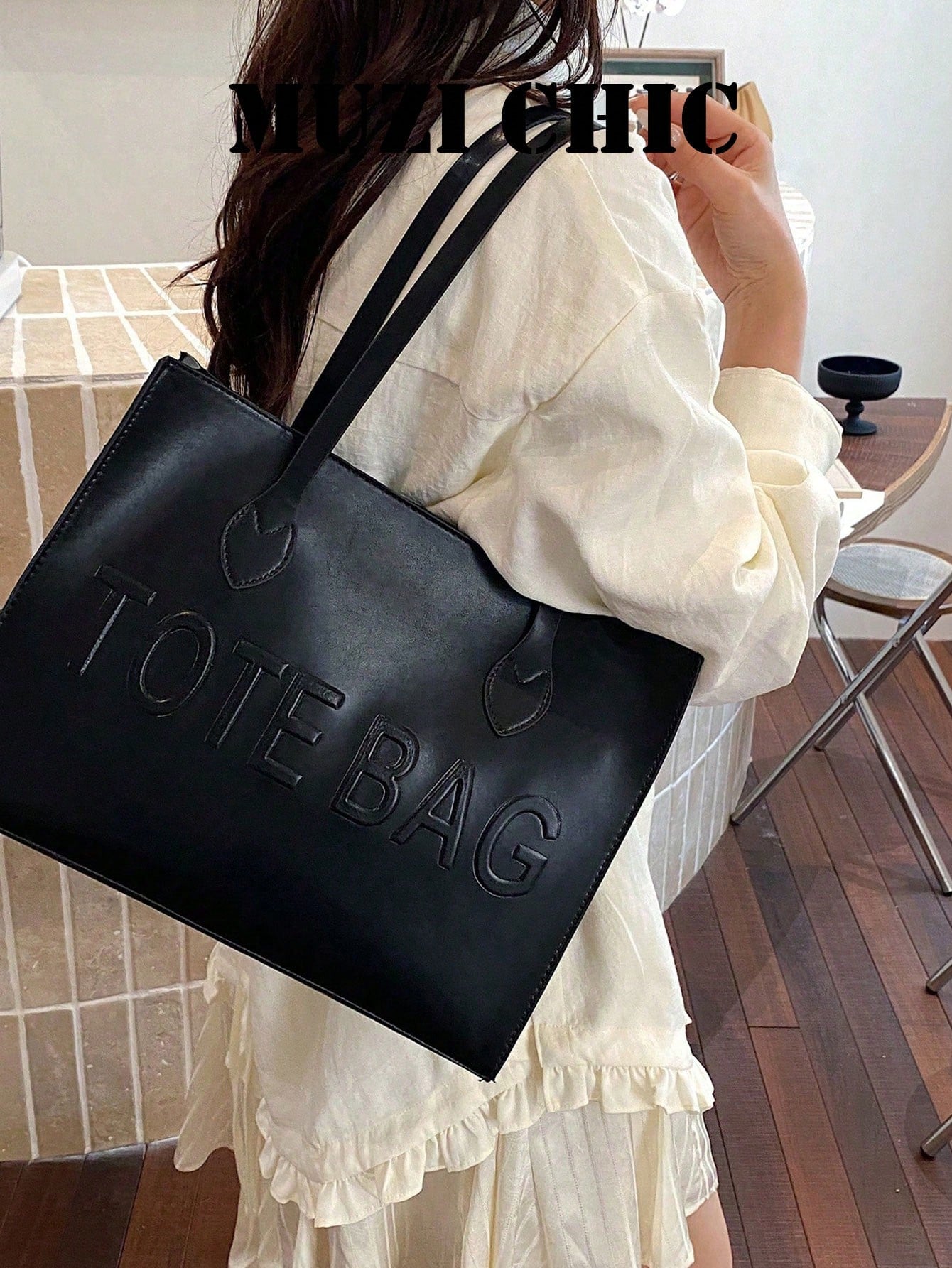 Classic Black PU Large Tote Bag, Embossed Letter Design Heart Stitched Handle Connectors Dual Office Daily Commute
