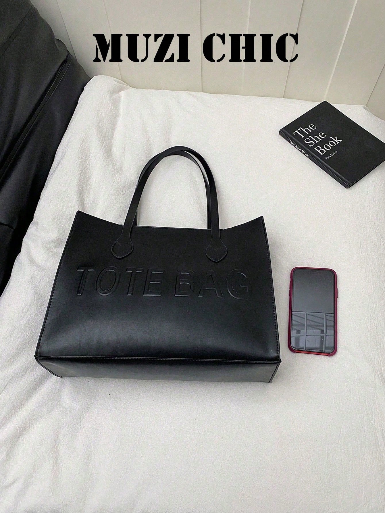 Classic Black PU Large Tote Bag, Embossed Letter Design Heart Stitched Handle Connectors Dual Office Daily Commute