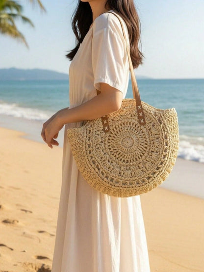 Classic Woven Bag Women's Round Beach Shoulder Bag, Women's Straw Woven Bag, Crossbody Bag, Handbag, Beach Essential, Beach Necessity, Beach Supplies And Summer Essential, Summer Vacation Bag, Holiday