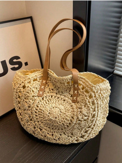 Classic Woven Bag Women's Round Beach Shoulder Bag, Women's Straw Woven Bag, Crossbody Bag, Handbag, Beach Essential, Beach Necessity, Beach Supplies And Summer Essential, Summer Vacation Bag, Holiday