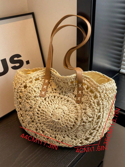 Classic Woven Bag Women's Round Beach Shoulder Bag, Women's Straw Woven Bag, Crossbody Bag, Handbag, Beach Essential, Beach Necessity, Beach Supplies And Summer Essential, Summer Vacation Bag, Holiday