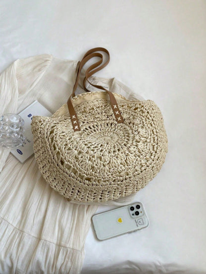 Classic Woven Bag Women's Round Beach Shoulder Bag, Women's Straw Woven Bag, Crossbody Bag, Handbag, Beach Essential, Beach Necessity, Beach Supplies And Summer Essential, Summer Vacation Bag, Holiday