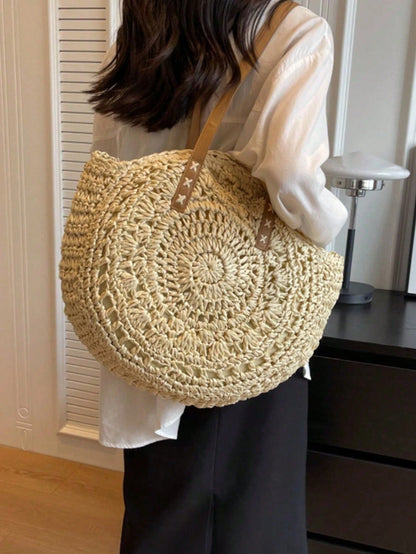 Classic Woven Bag Women's Round Beach Shoulder Bag, Women's Straw Woven Bag, Crossbody Bag, Handbag, Beach Essential, Beach Necessity, Beach Supplies And Summer Essential, Summer Vacation Bag, Holiday