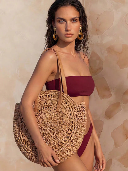 Classic Woven Bag Women's Round Beach Shoulder Bag, Women's Straw Woven Bag, Crossbody Bag, Handbag, Beach Essential, Beach Necessity, Beach Supplies And Summer Essential, Summer Vacation Bag, Holiday