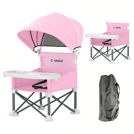 Cochildor Foldable Travel Baby Booster High Chair With Sun Shade Canopy, Safety Harness Detachable Tray & Carry Bag For Toddlers Indoor Outdoor