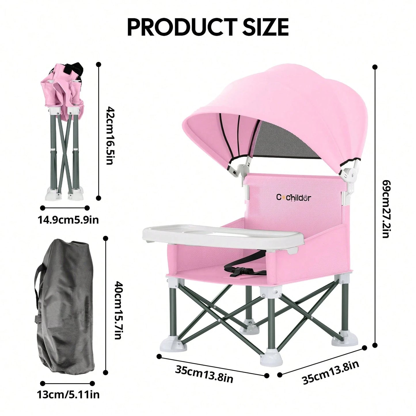 Cochildor Foldable Travel Baby Booster High Chair With Sun Shade Canopy, Safety Harness Detachable Tray & Carry Bag For Toddlers Indoor Outdoor
