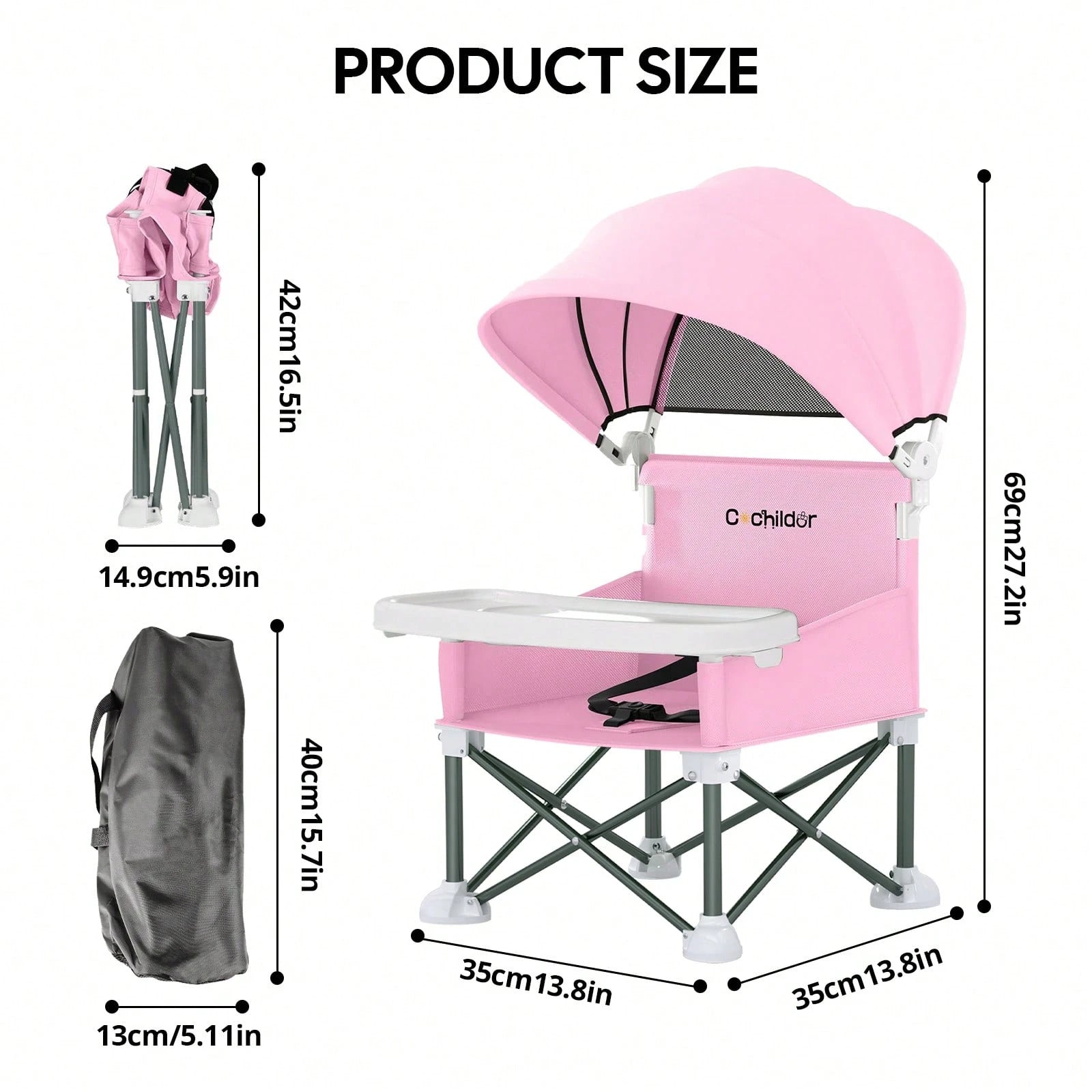Cochildor Foldable Travel Baby Booster High Chair With Sun Shade Canopy, Safety Harness Detachable Tray & Carry Bag For Toddlers Indoor Outdoor