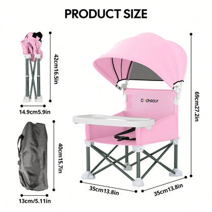 Cochildor Foldable Travel Baby Booster High Chair With Sun Shade Canopy, Safety Harness Detachable Tray & Carry Bag For Toddlers Indoor Outdoor