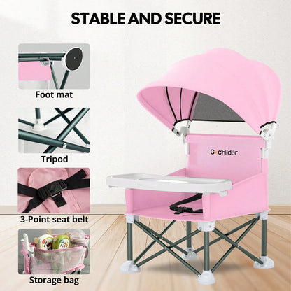 Cochildor Foldable Travel Baby Booster High Chair With Sun Shade Canopy, Safety Harness Detachable Tray & Carry Bag For Toddlers Indoor Outdoor