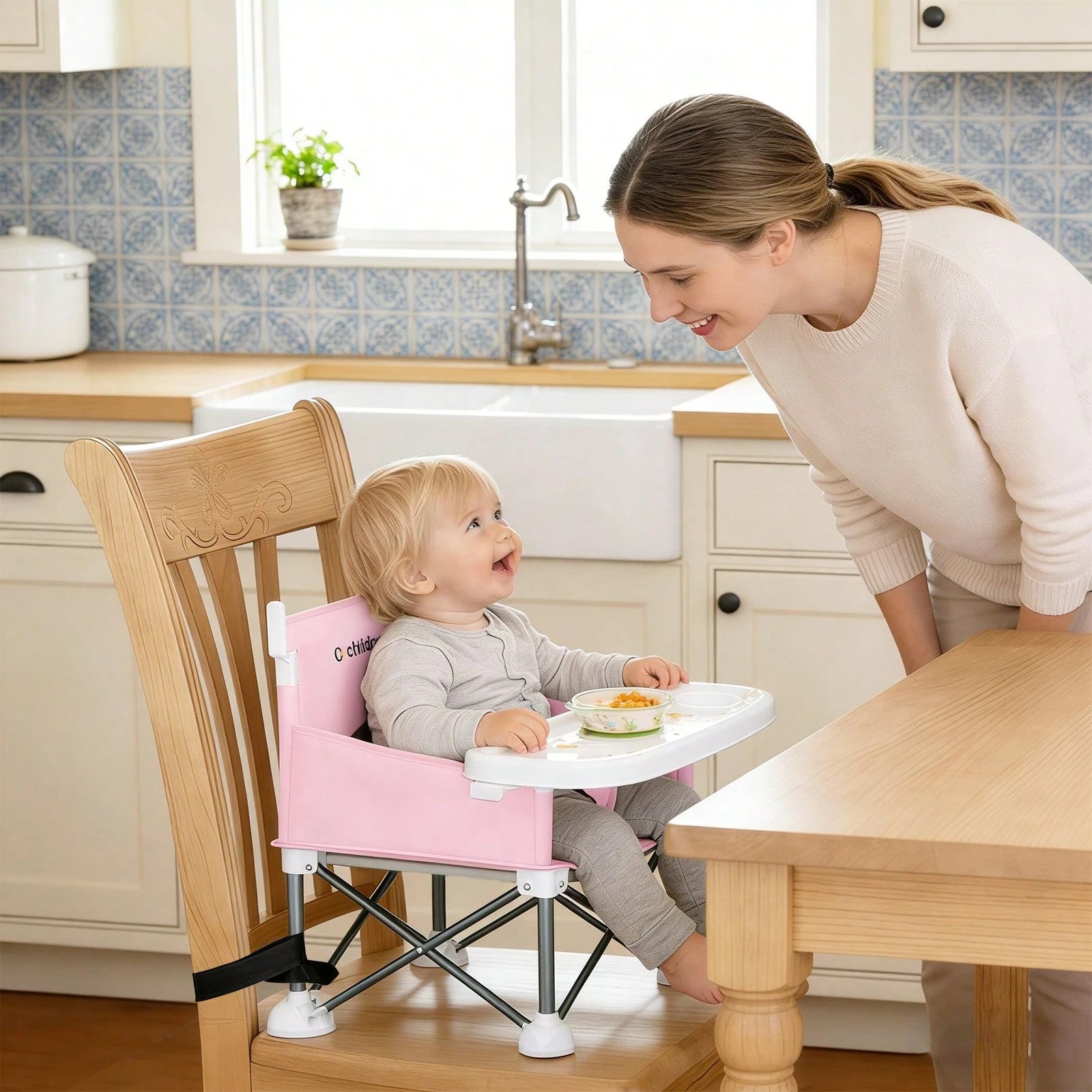 Cochildor Foldable Travel Baby Booster High Chair With Sun Shade Canopy, Safety Harness Detachable Tray & Carry Bag For Toddlers Indoor Outdoor