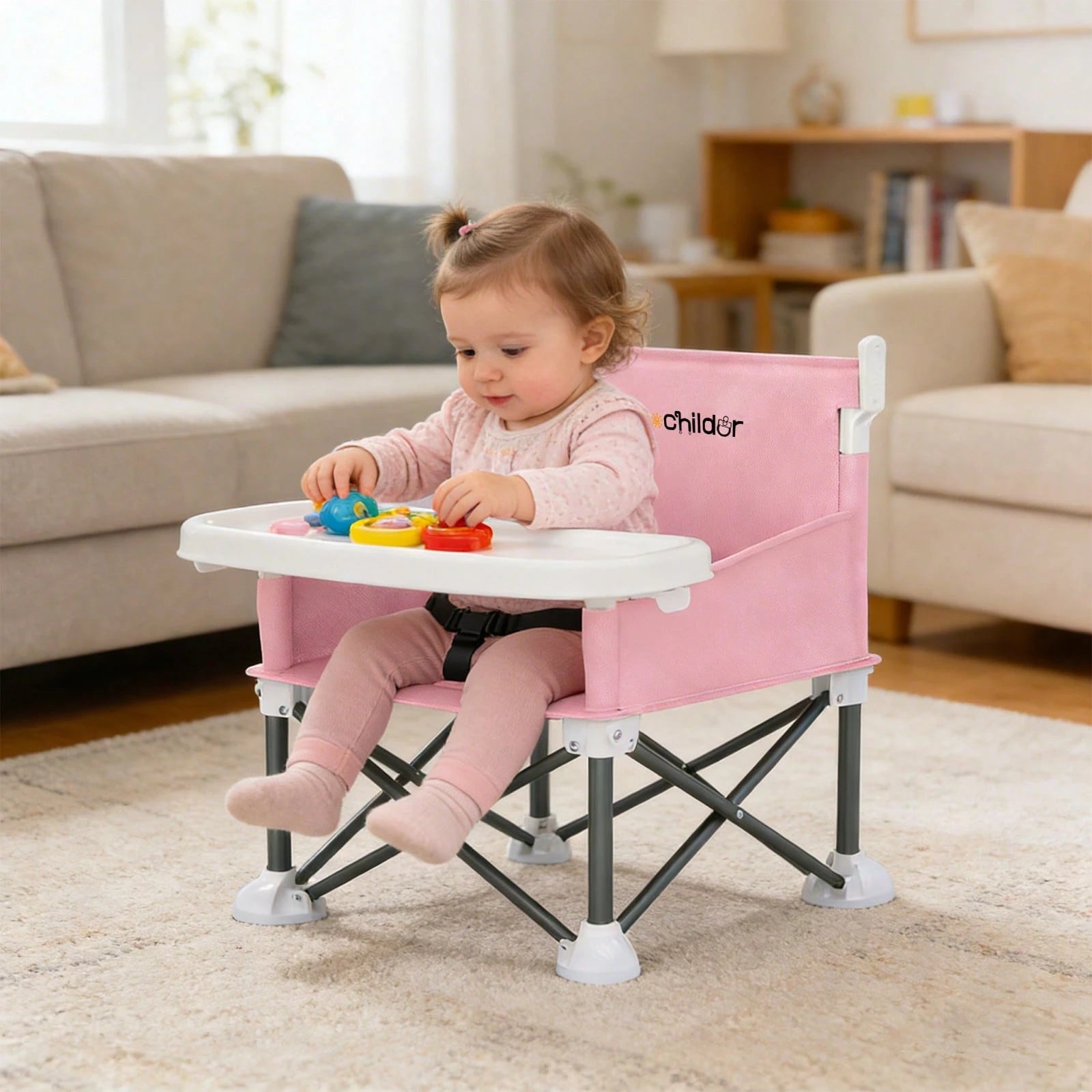 Cochildor Foldable Travel Baby Booster High Chair With Sun Shade Canopy, Safety Harness Detachable Tray & Carry Bag For Toddlers Indoor Outdoor