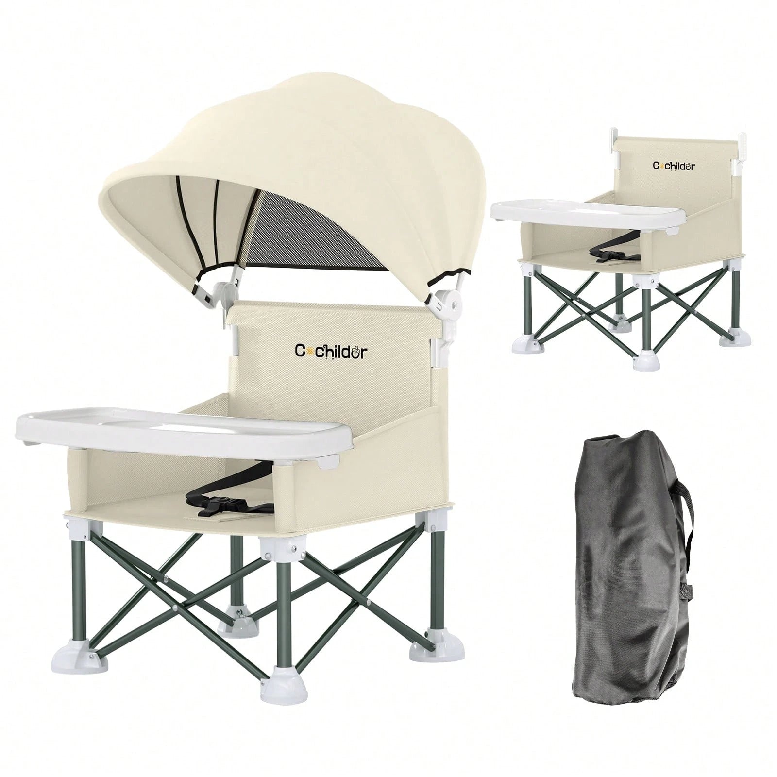 Cochildor Foldable Travel Baby Booster High Chair With Sun Shade Canopy, Safety Harness Detachable Tray & Carry Bag For Toddlers Indoor Outdoor