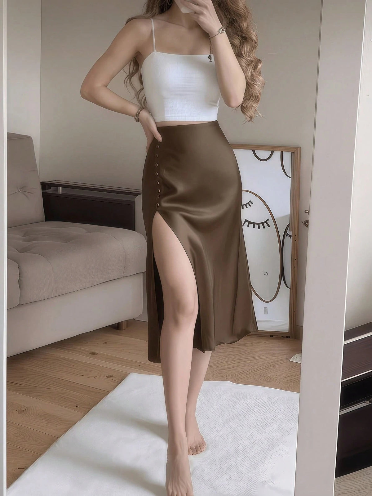 Coffee Brown Satin Elegant High-Waist High-Slit Button Decor Fitted Skirt Spring