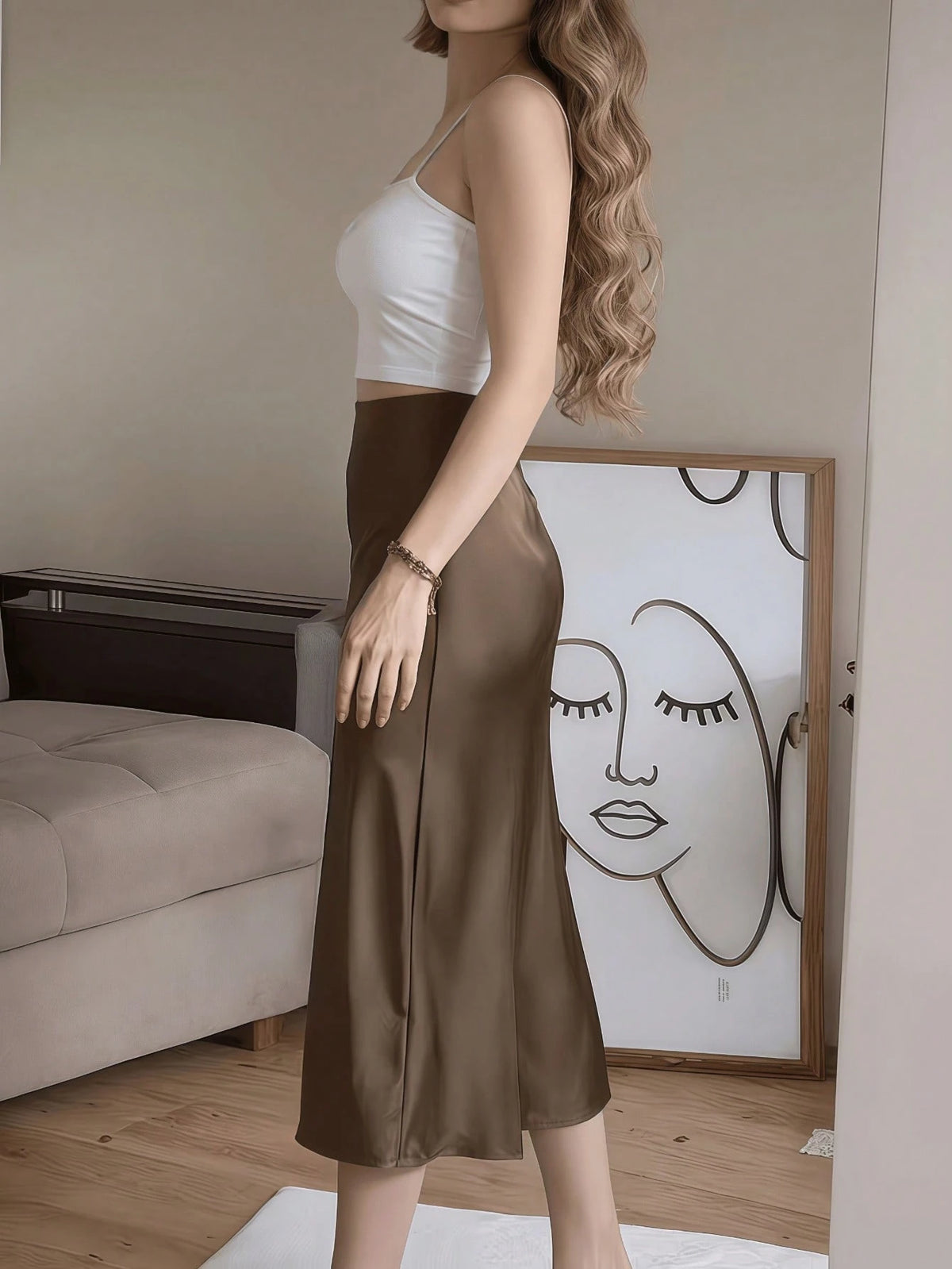 Coffee Brown Satin Elegant High-Waist High-Slit Button Decor Fitted Skirt Spring