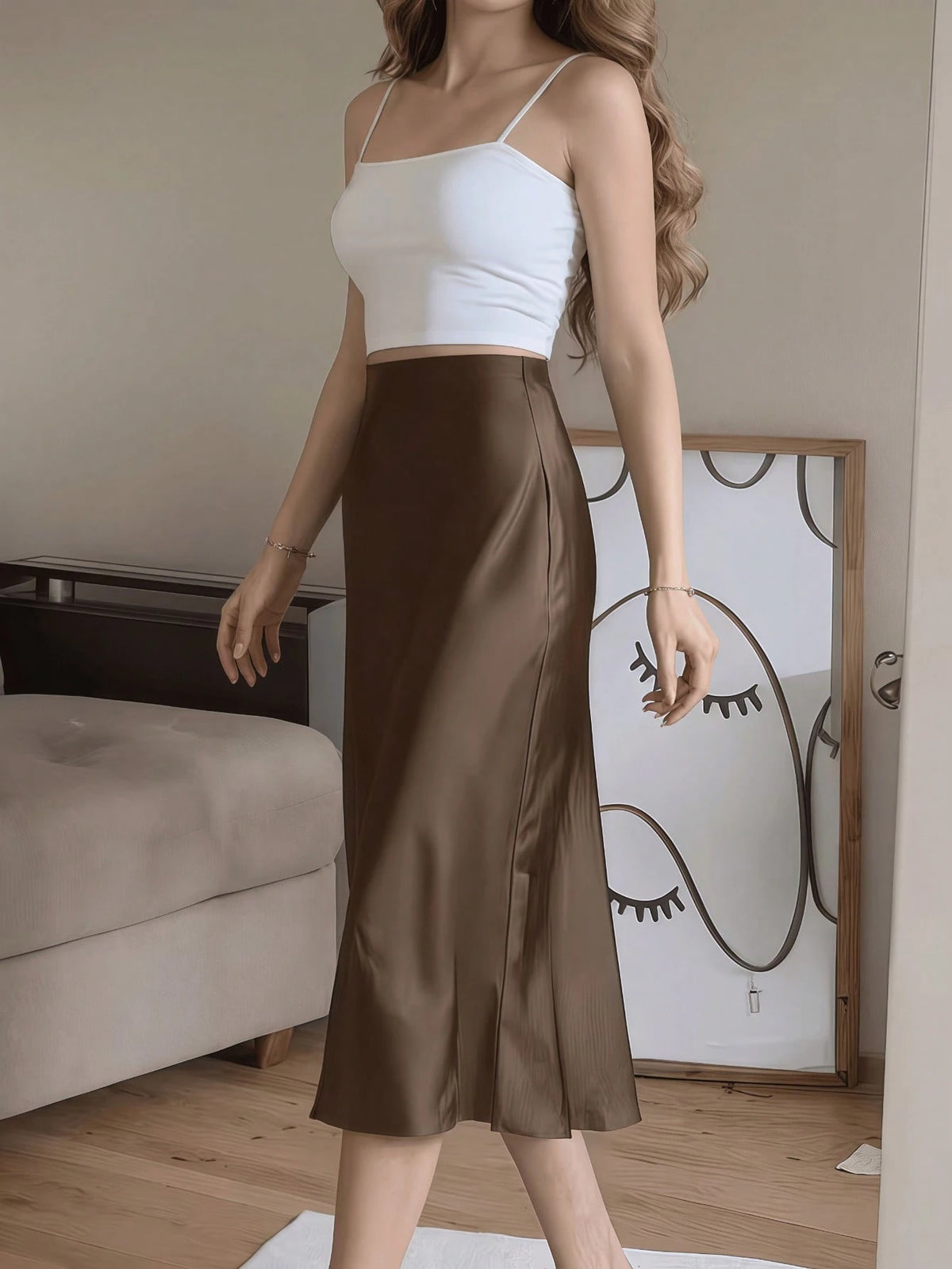 Coffee Brown Satin Elegant High-Waist High-Slit Button Decor Fitted Skirt Spring