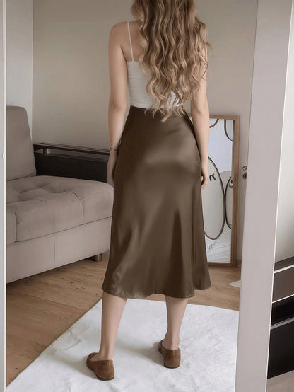 Coffee Brown Satin Elegant High-Waist High-Slit Button Decor Fitted Skirt Spring