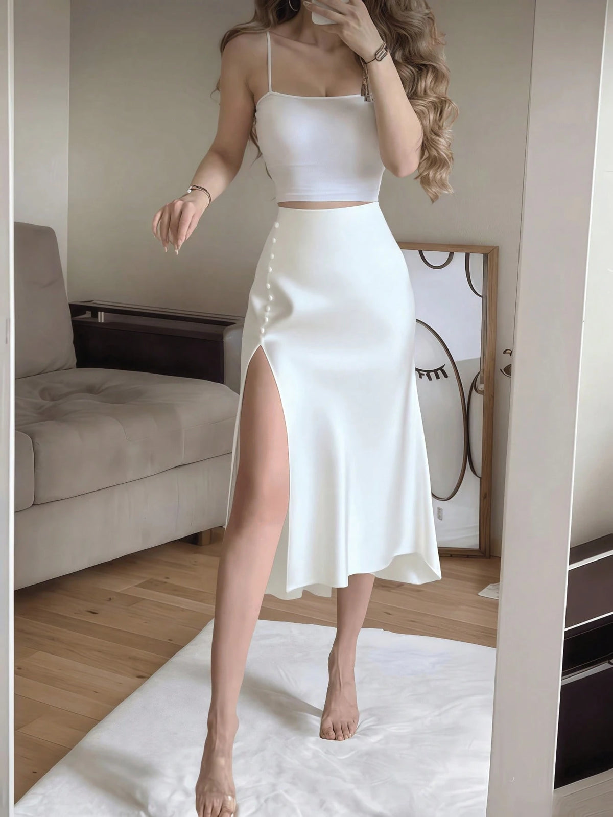 Coffee Brown Satin Elegant High-Waist High-Slit Button Decor Fitted Skirt Spring