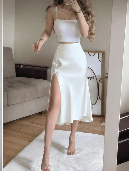 Coffee Brown Satin Elegant High-Waist High-Slit Button Decor Fitted Skirt Spring