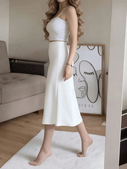 Coffee Brown Satin Elegant High-Waist High-Slit Button Decor Fitted Skirt Spring