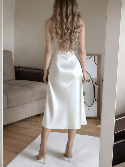 Coffee Brown Satin Elegant High-Waist High-Slit Button Decor Fitted Skirt Spring