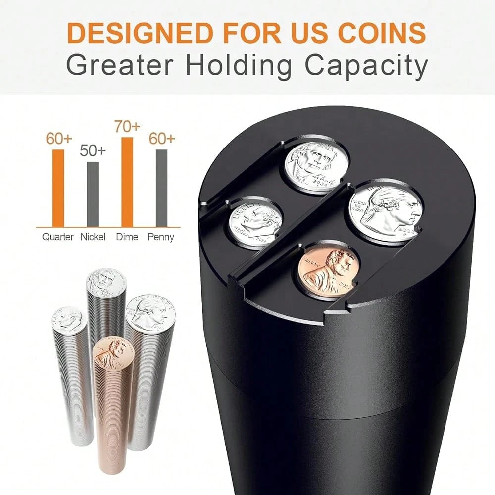 Coin Holder For Car, 250-Coin Capacity Change Coin Holder, Coin Organizer For Most Car, Dispenses Pennies, Quarters, Dimes, Nickels (Black, 1Pack)