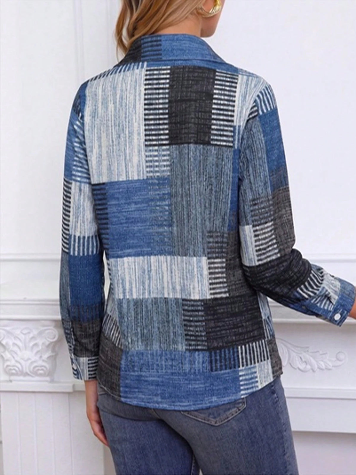 Colorblock Button Print Long Sleeve Casual Retro Shirt, Patterned Plaid Front Button Vacation