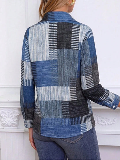 Colorblock Button Print Long Sleeve Casual Retro Shirt, Patterned Plaid Front Button Vacation