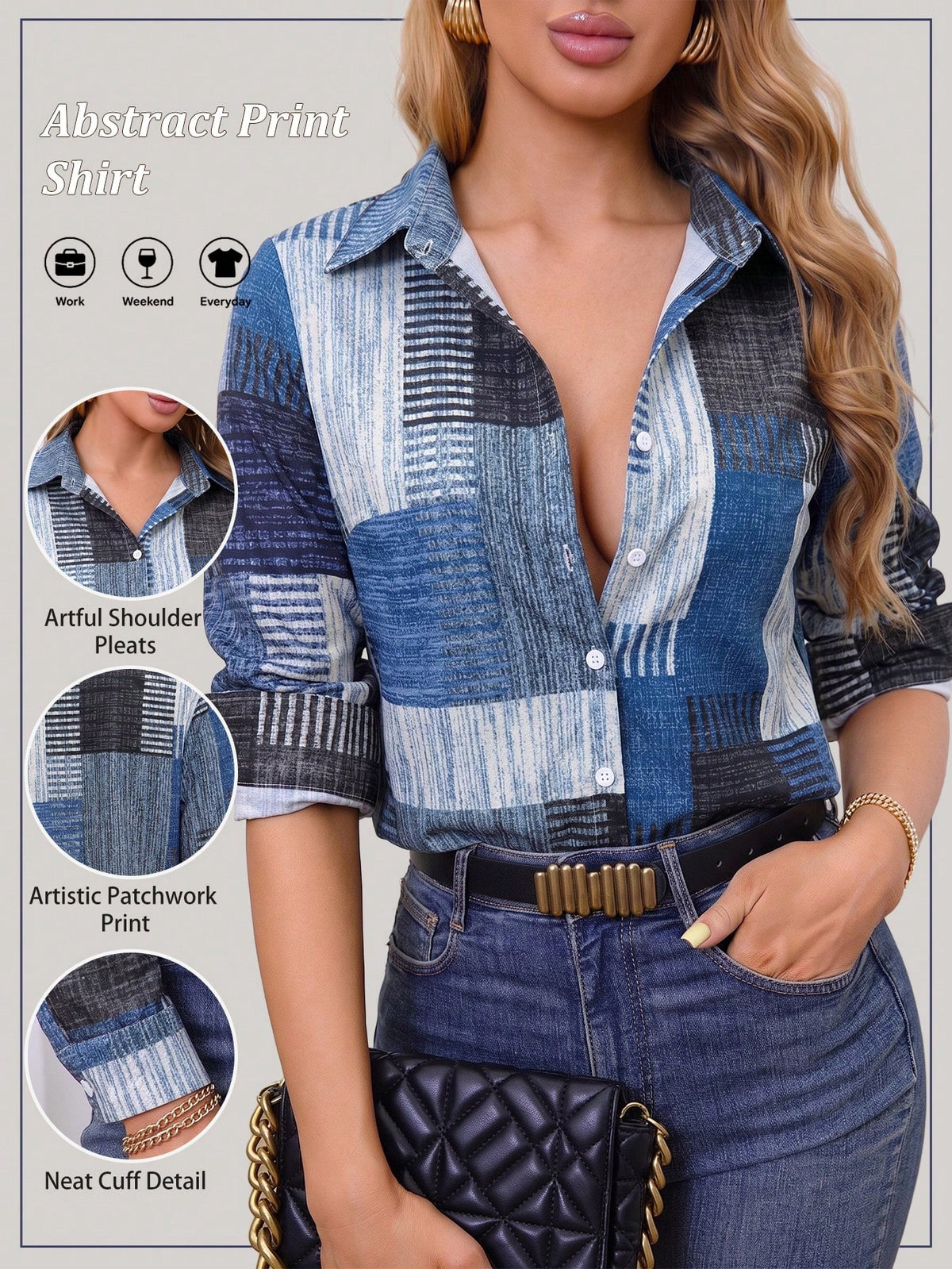 Colorblock Button Print Long Sleeve Casual Retro Shirt, Patterned Plaid Front Button Vacation
