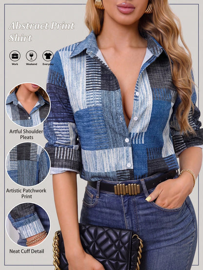 Colorblock Button Print Long Sleeve Casual Retro Shirt, Patterned Plaid Front Button Vacation
