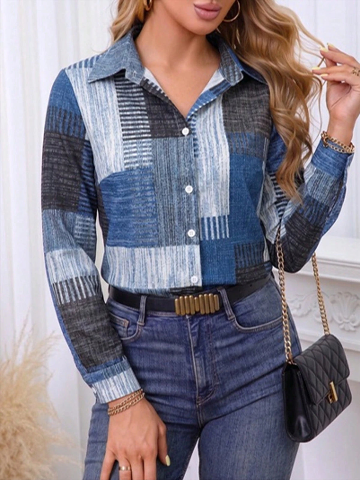 Colorblock Button Print Long Sleeve Casual Retro Shirt, Patterned Plaid Front Button Vacation