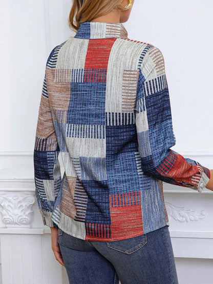 Colorblock Button Print Long Sleeve Casual Retro Shirt, Patterned Plaid Front Button Vacation