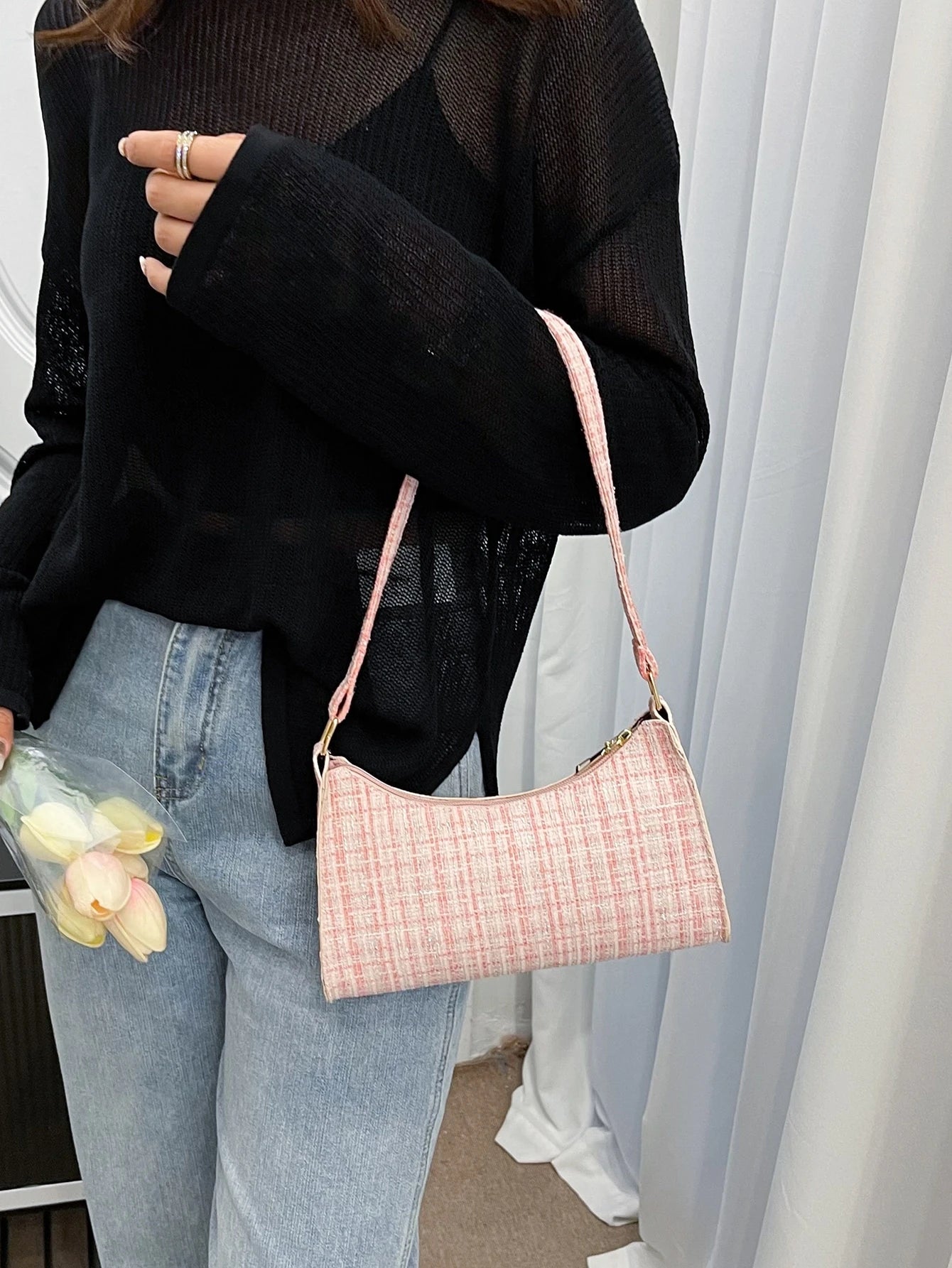 Colorblock Plaid Pattern Bag Handbag,Shoulder Bag Minimalist,Casual Lightweight,Portable For Women, Rookies & White-Collar Workers,For Teacher Gifts,For Girl,For Woman Gift Bag,Work,Business,Commute