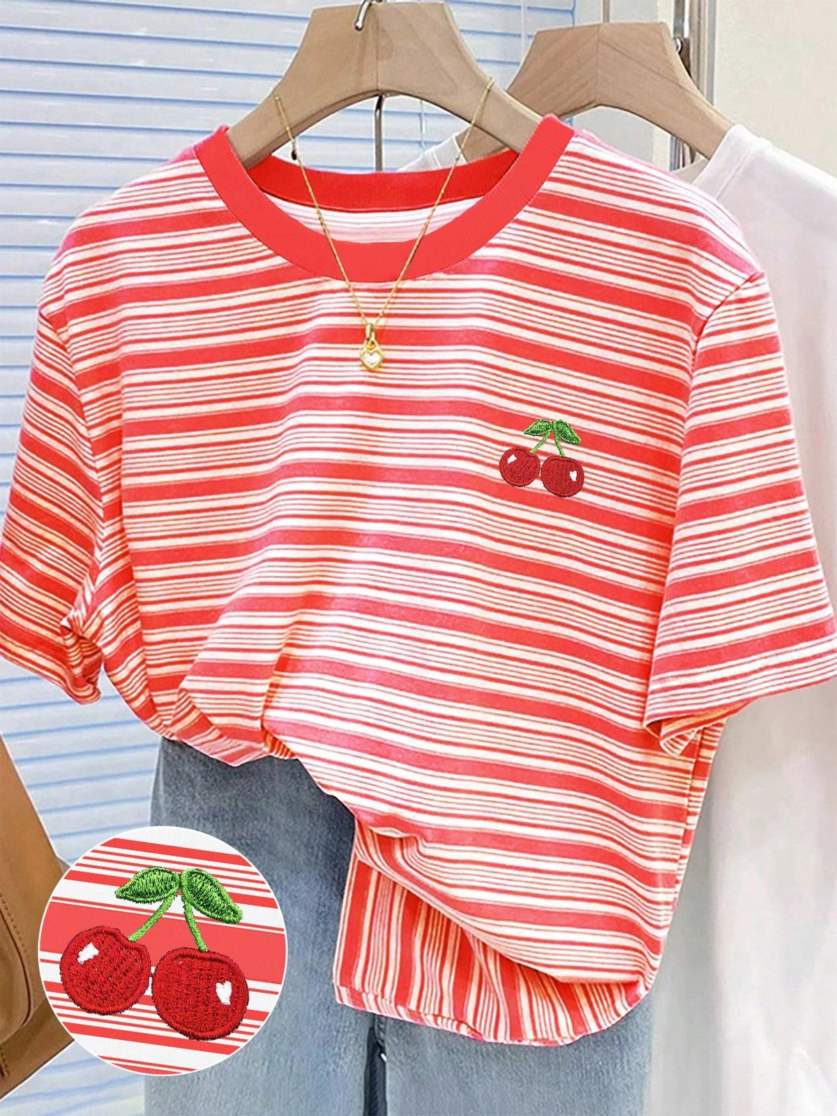 Colorful Striped Cherry Embroidery Design Simple Round Neck T-Shirt, A Gift For Friends