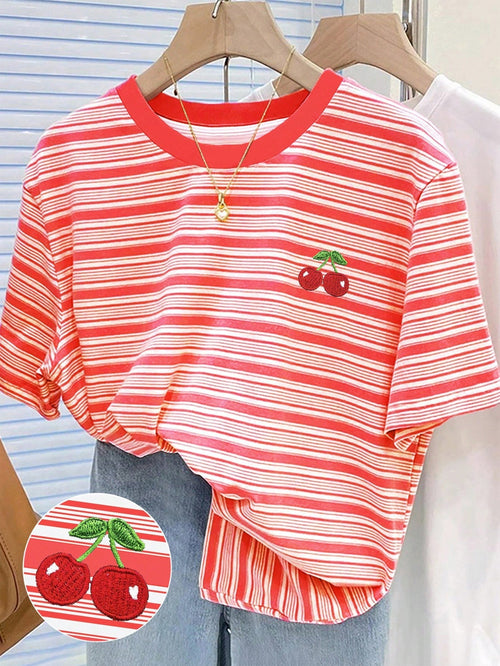 Colorful Striped Cherry Embroidery Design Simple Round Neck T-Shirt, A Gift For Friends