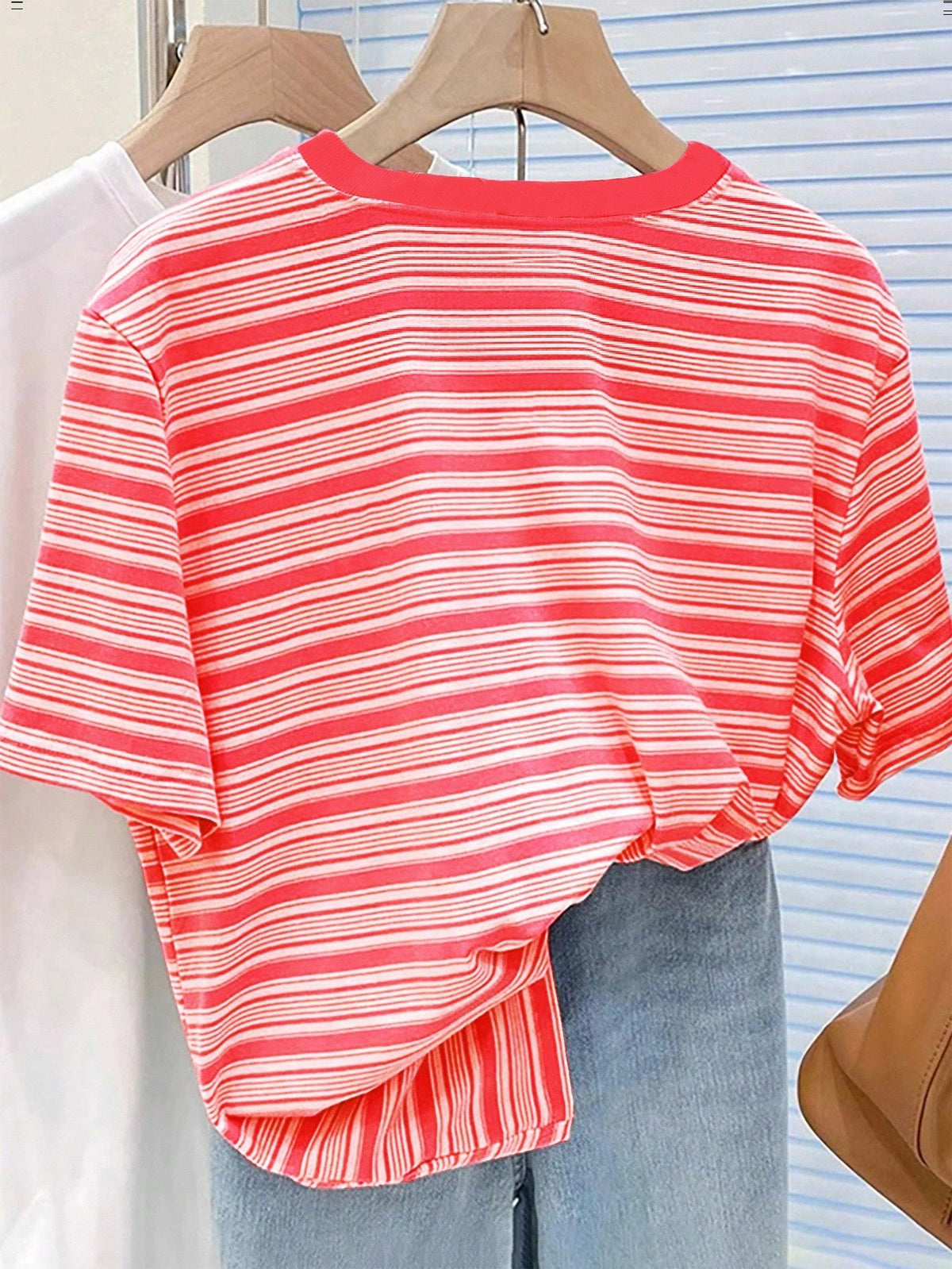 Colorful Striped Cherry Embroidery Design Simple Round Neck T-Shirt, A Gift For Friends