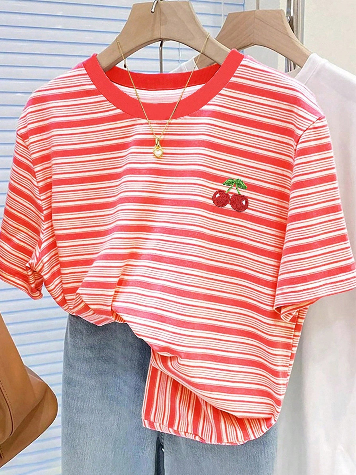 Colorful Striped Cherry Embroidery Design Simple Round Neck T-Shirt, A Gift For Friends